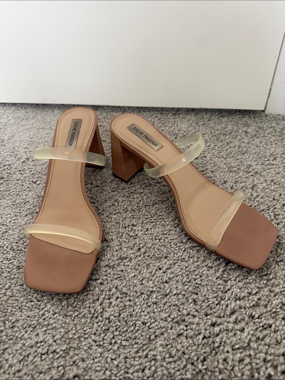 Steve Madden Tan Square Toe Block Heel Slides with Clear Straps